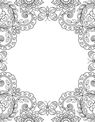 Ornate black outline floral frame template for invitation, banner, wedding design with copy space on white background