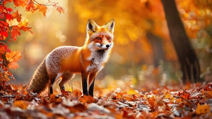 Naklejka premium A red fox in a serene forest clearing surrounded by vibrant autumn foliage. The fox’s fur glows with the golden light of the setting sun, filtering through colorful leaves