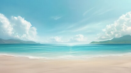 Obraz premium A beautiful beach scene with a clear blue ocean and a few clouds in the sky
