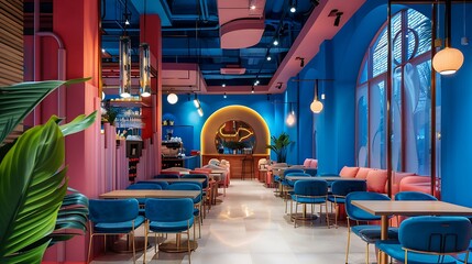 Fototapeta premium A stylish modern cafe featuring bold blue and pink walls, with sleek furnishings and ambient lighting, offering a chic and trendy dining experience