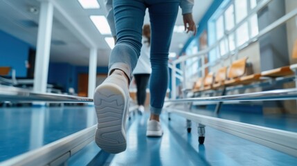 An adult relearning to walk with the assistance of a physical therapist, using parallel bars in a rehabilitation centre