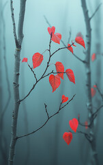 Birch trees and maple leaves in a hazy fog. Generative AI