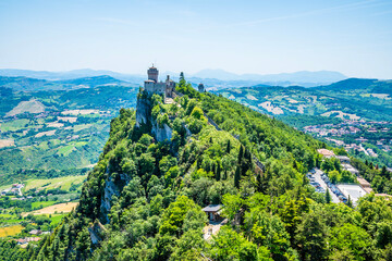 A view of the second tower from first tower in the fortified section of San Marino, Italy in summertime
