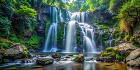 Fototapeta premium Majestic waterfall cascading down rocks in a hidden forest, showcasing the power and tranquility of nature, majestic, rocks, cascade, lush, natural beauty, tranquility, forest