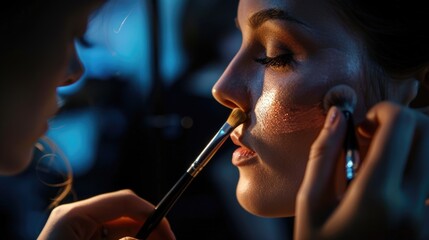 Fototapeta premium A close-up of two women, one applying makeup to the other's face