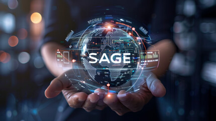 Sage business management software, a man holds in his hands a holographic sphere of the world on which the word Sage is written.