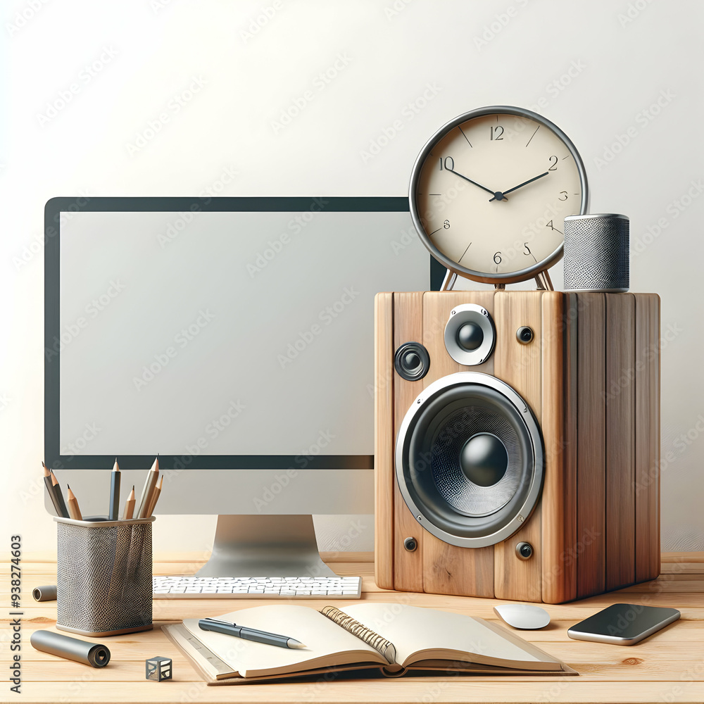 Poster vector image of desktop speaker and notebook isolated on white background. ideal for tech-savvy home