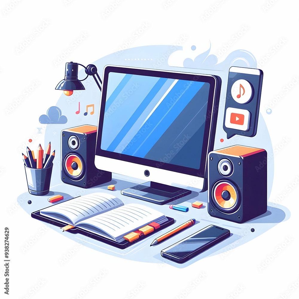 Poster techy home office setup: vector desktop speaker and notebook on white background - ideal for stock p
