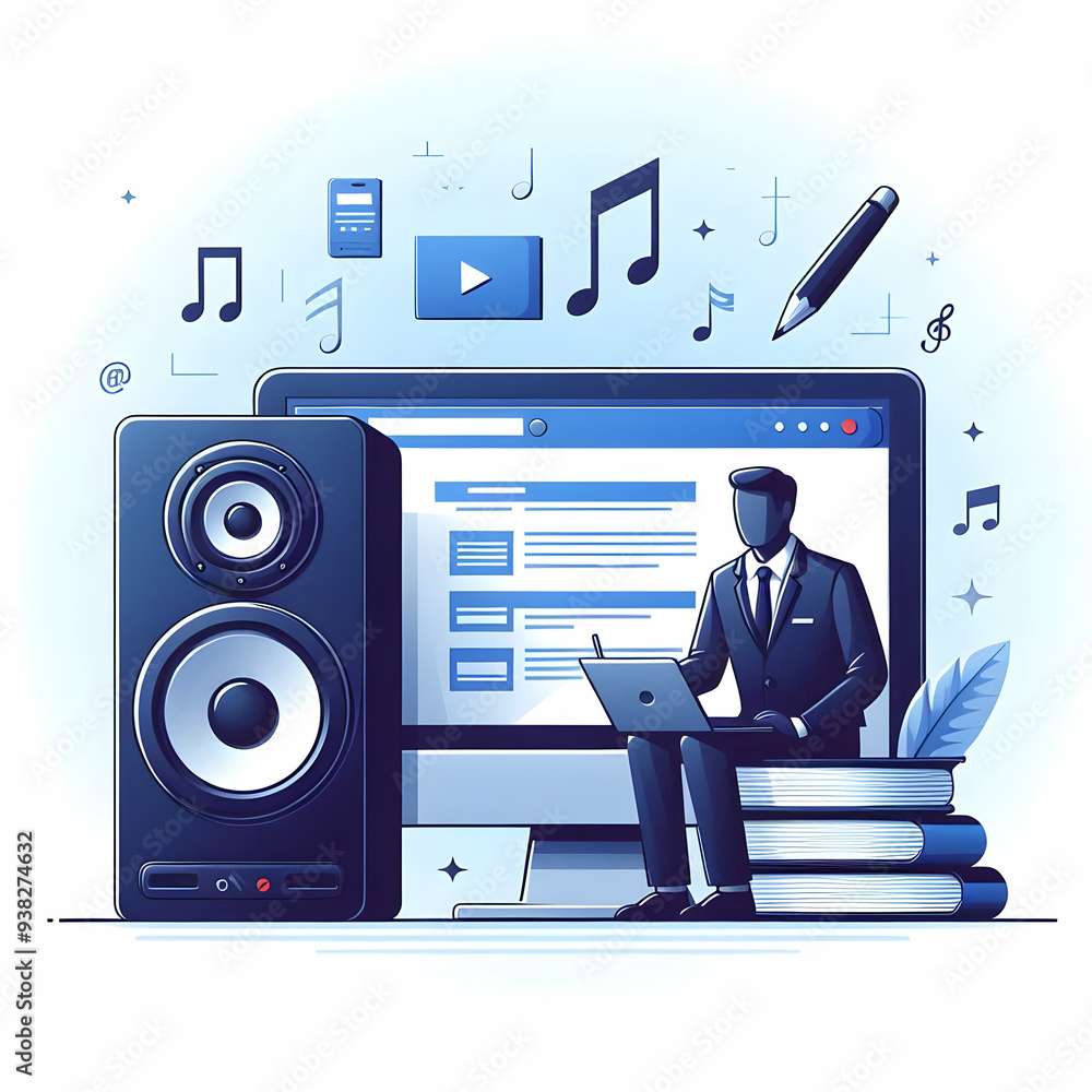 Poster vector image of desktop speaker and notebook on white background – ideal for tech-savvy home office.