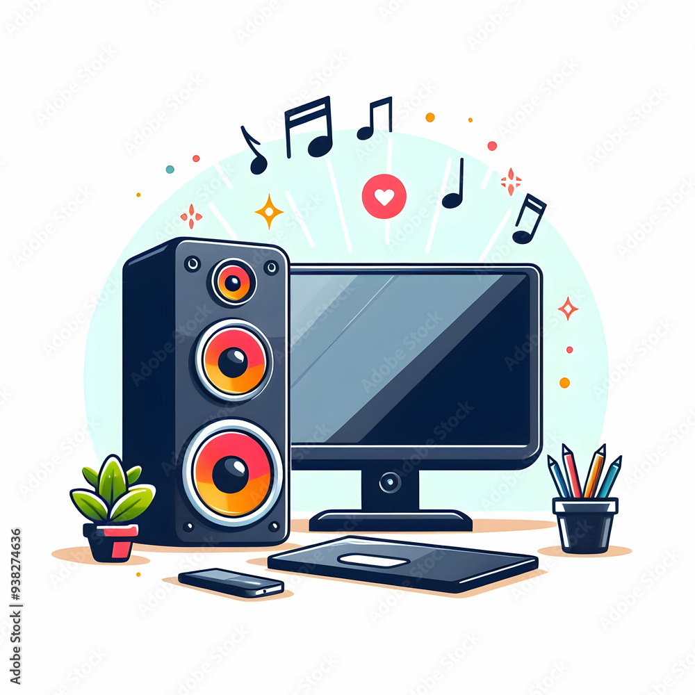 Poster vector image of desktop speaker and notebook on white background. ideal for tech-savvy home office. 