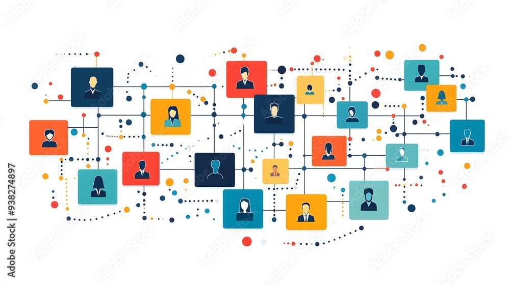 Poster colorful network of connected user icons on a bright abstract background