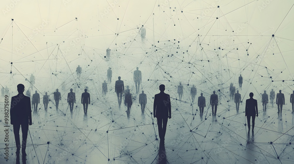 Poster silhouetted figures connected by intricate network lines against a blue gradient background
