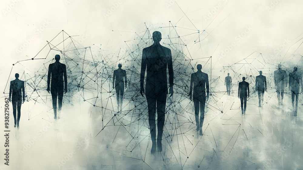 Poster silhouetted figures connected by intricate network lines against a blue gradient background