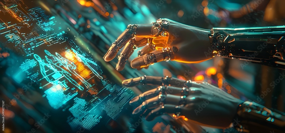 Poster a high-tech scene featuring a holographic interface being interacted with by a human hand and a robo