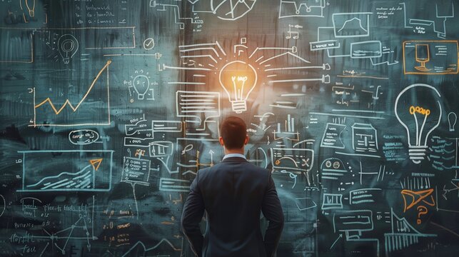 A businessman stands in front of a chalkboard covered in drawings, looking at a light bulb representing a new idea.