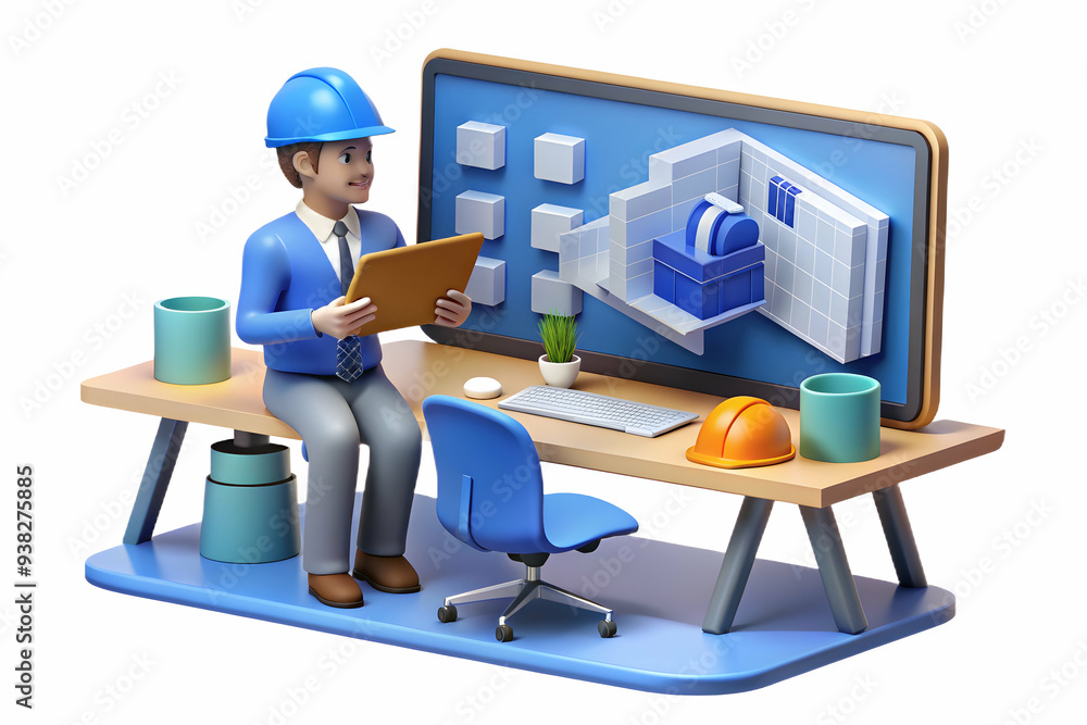 Poster sleek virtual workspace for remote architectural design reviews. architect examining detailed bluepr