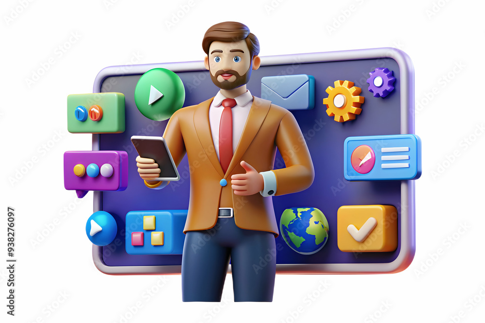 Poster creative director showcasing innovative concepts in virtual meeting with polished interface and digi