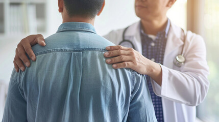 A doctor reassuring a patient with a gentle hand on their shoulder, while discussing test results