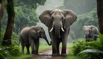 Obraz premium Elephants Interacting in a Rainforest, Elephants In The Zoo Generative Ai