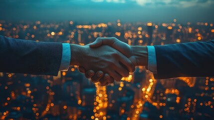 dynamic business handshake between diverse professionals in sleek office setting conveying trust cooperation and successful partnership against cityscape backdrop