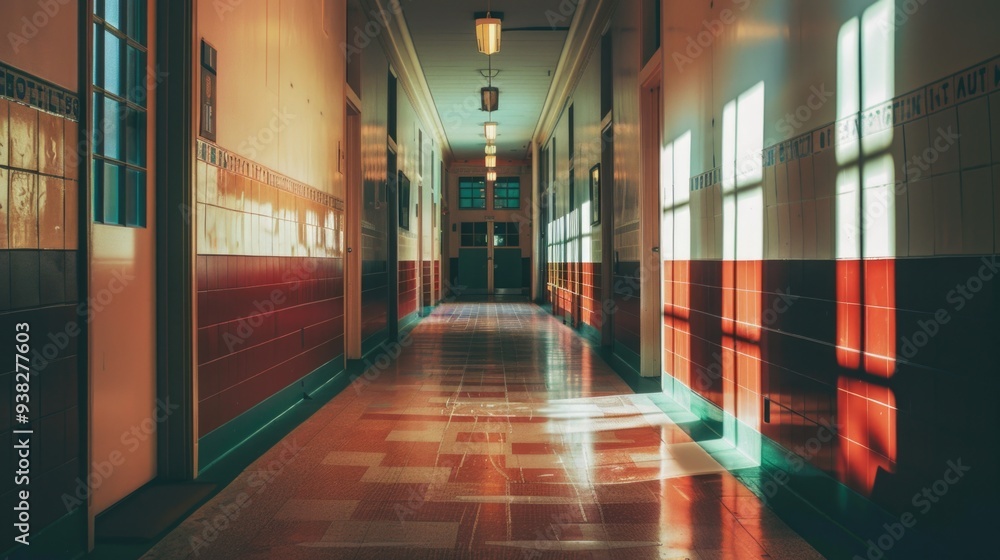 Poster a long hallway with a clock on the wall, perfect for interior design or architecture projects