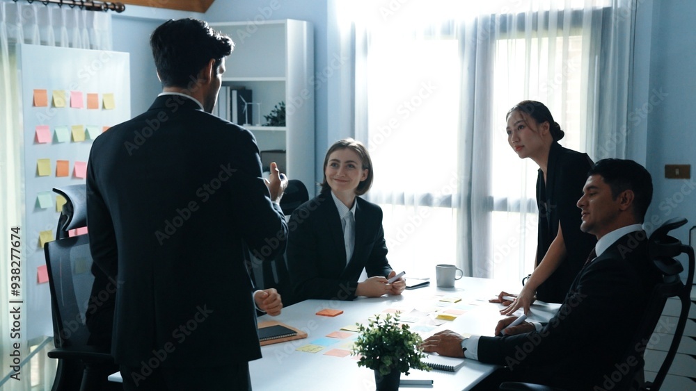 Poster top view of smart executive manager financial graph to diverse team while group of multicultural bus