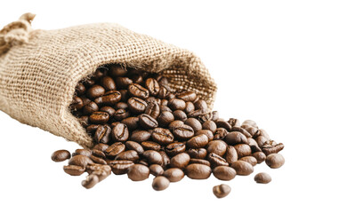 Fototapeta premium Brown burlap bag spilling coffee beans, perfect for coffee shops, cafes, or any business related to coffee production or sales.