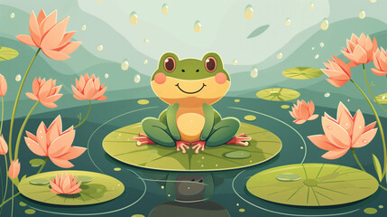 Obraz premium Cheerful Frog Relaxing on a Lily Pad Amidst Blooming Lotuses