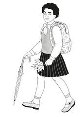 African American schoolgirl in school uniform with backpack and umbrella