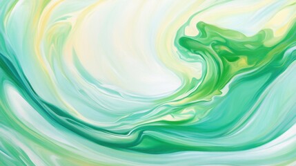 A green and white abstract painting with a wave-like pattern