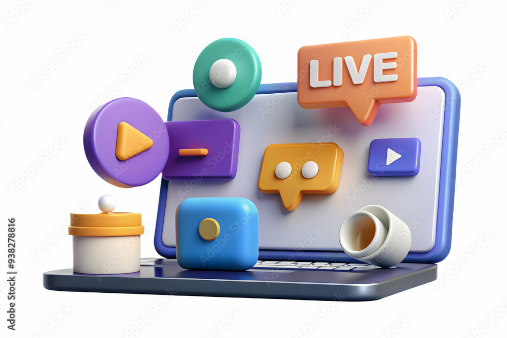 Poster professional laptop and webcam icons with live video text on white background. emphasizing tools for