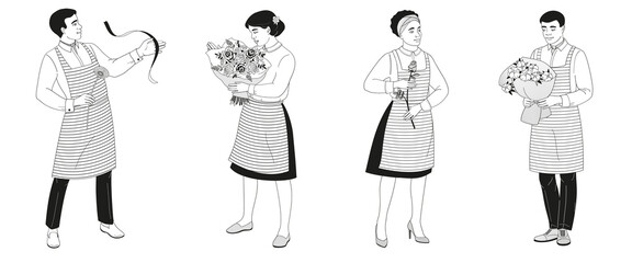 florists African American male and female characters, men and women with bouquet and flowers black and white vector illustration