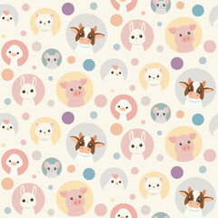 Pastel simple flat art animals, vector pattern
