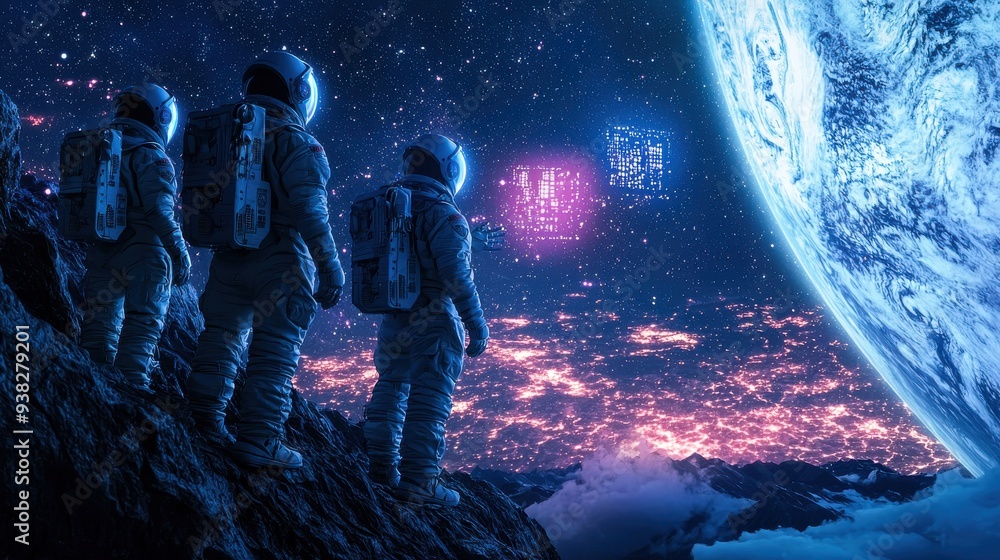Wall mural a team of astronauts uses ai-driven drones to explore a new planet. the drones project holographic d
