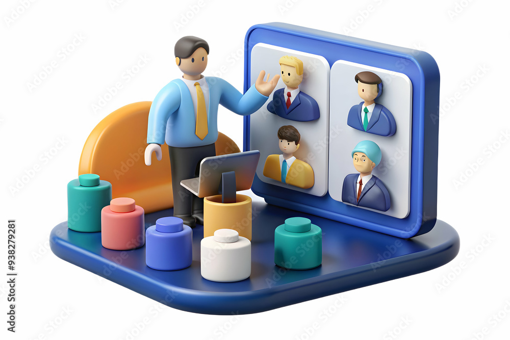 Poster marketing manager leading a virtual meeting in a modern workspace with advanced communication tools,