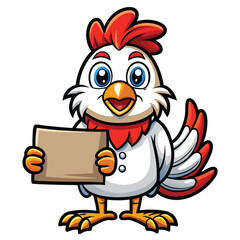 A whimsical cartoon depiction of a chicken proudly holding a sign.