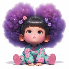 Fototapeta premium Cute 3D cartoon baby girl character with fluffy purple hair buns sitting in floral pajamas against a white background.
