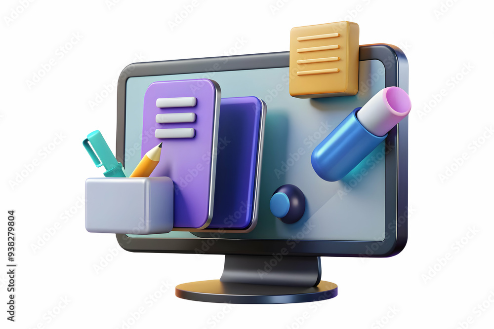Poster professional monitor with holographic note taking tools isolated on white background. focus on digit