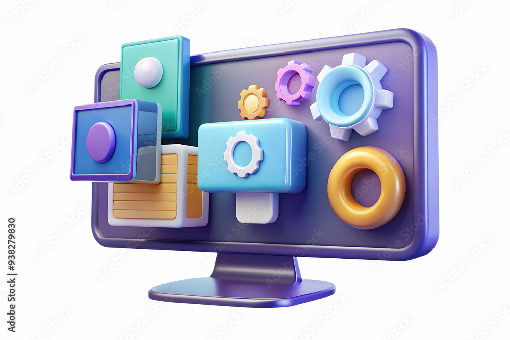 Poster holographic workflow management tools on monitor screen in modern setup. focus on integration in vir