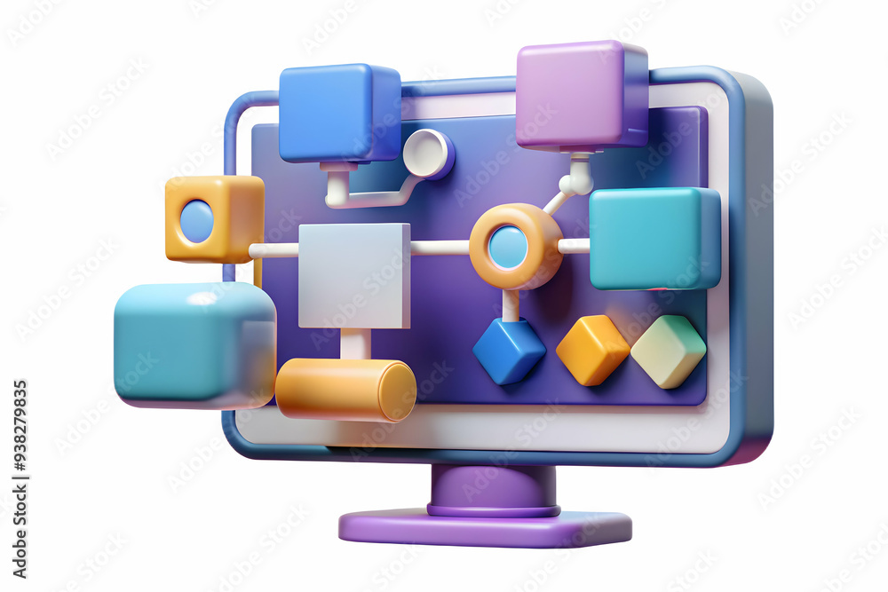 Aufkleber holographic workflow tools on monitor isolated on white background. zoom in on glowing holographic t