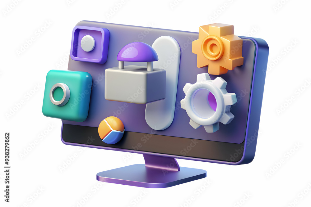 Poster modern holographic workflow management tools on monitor screen with white background. ideal for virt