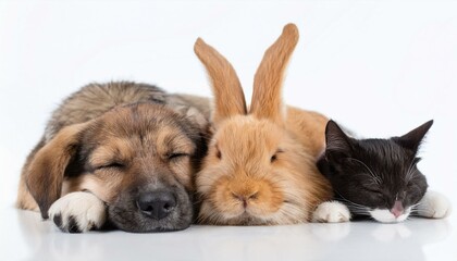 Obraz premium 仲良く一緒に寝ている子犬と猫とうさぎ（Puppy and cat and rabbit sleeping together） 