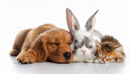 Obraz premium 仲良く一緒に寝ている子犬と猫とうさぎ（Puppy and cat and rabbit sleeping together） 