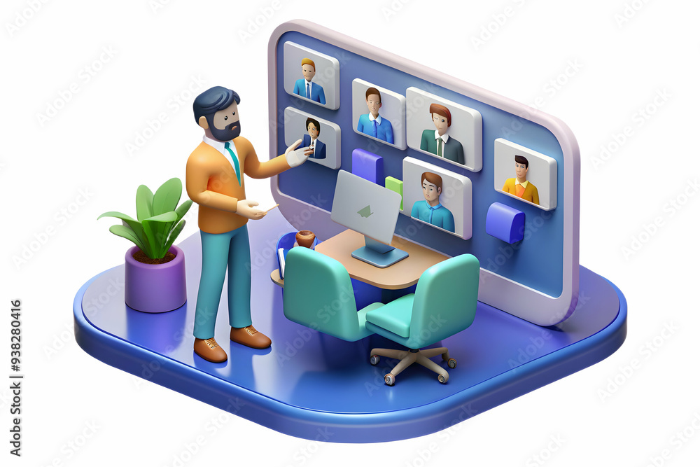 Poster product manager overseeing design in virtual meeting. focus on digital product development in collab