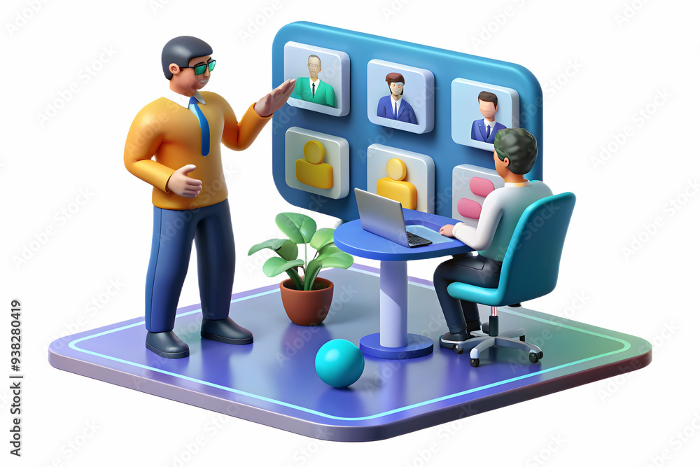 Poster product manager overseeing digital designs in a collaborative virtual workspace scene. emphasizing m