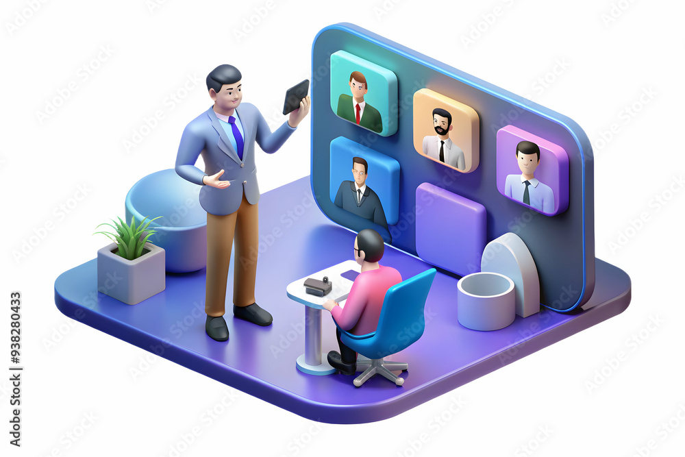 Poster product manager leading design review in virtual meeting with polished background. scene features co