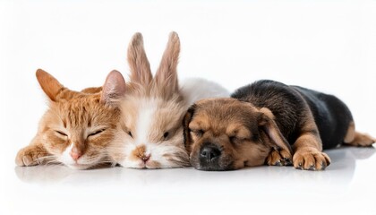 仲良く一緒に寝ている子犬と猫とうさぎ（Puppy and cat　and rabbit sleeping together）
