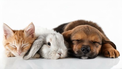 仲良く一緒に寝ている子犬と猫とうさぎ（Puppy and cat　and rabbit sleeping together）

