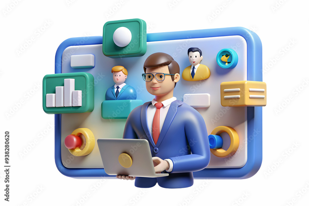 Poster project manager organizing virtual teamwork in a sleek abstract meeting scene with task management t