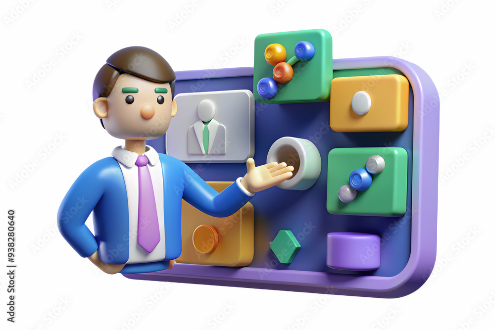 Poster virtual project manager organizing tasks in abstract meeting concept with task management tools on s